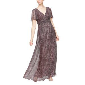 NWT Alex Evenings Long Maroon Shimmer Dress With Sleeves